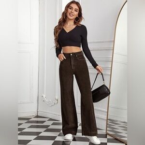 SHEIN Brown Corduroy Pants Women’s Size Large Wide Leg Fall Casual Comfy